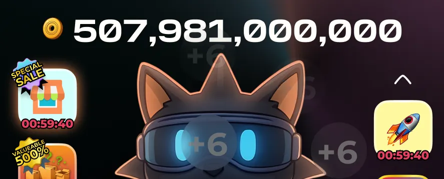 Dropee game screen: a coin balance of 507,981,000,000 above a cat character wearing glowing blue goggles, with sale and rocket boost icons showing countdown timers on either side.